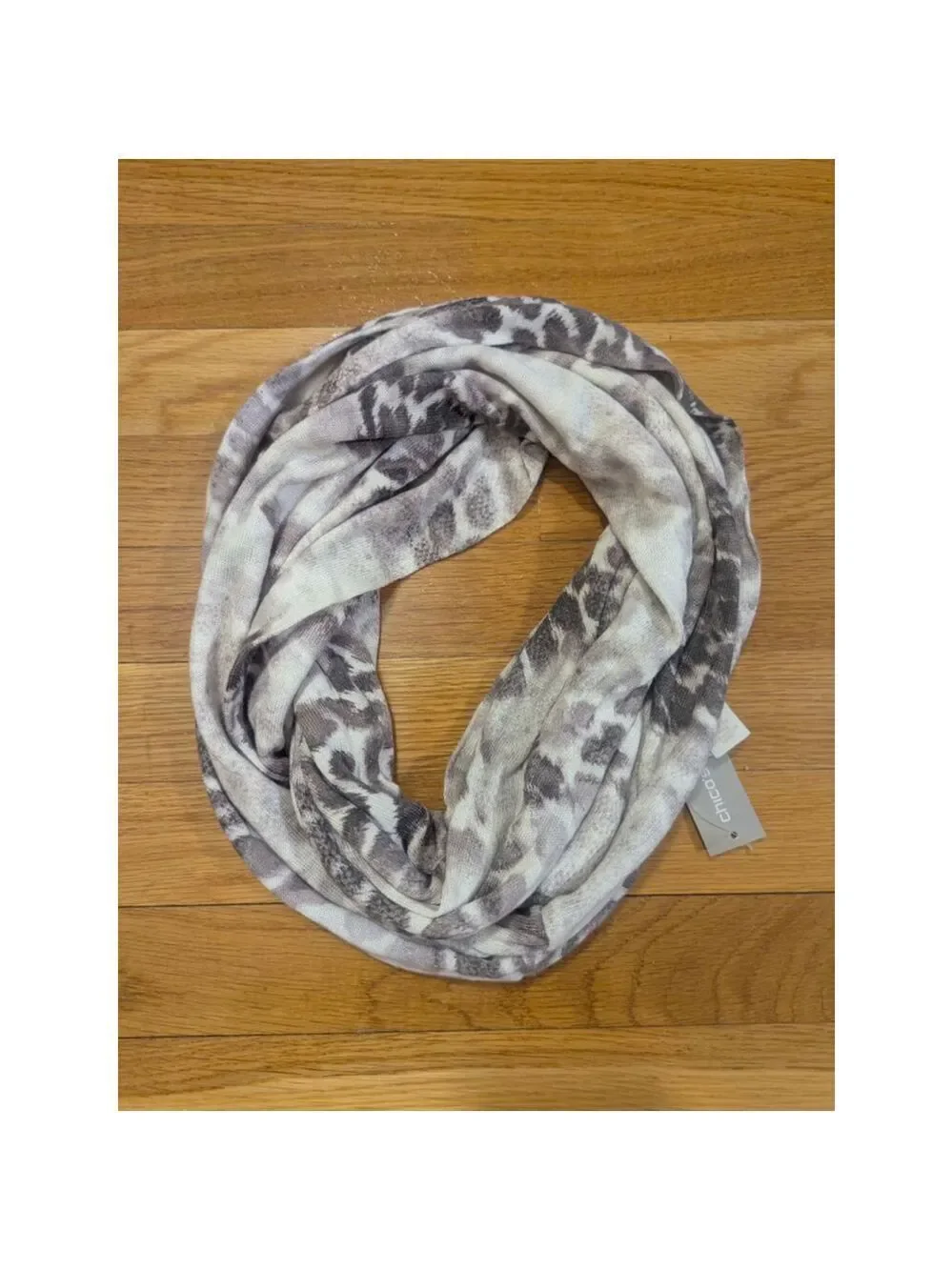 Chico's Animal Print Infinity Scarf White Gray One Size NWT
